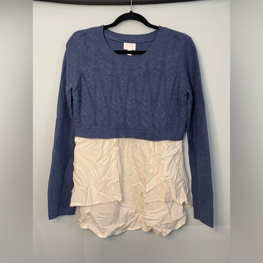 a:glow Maternity Sweater Women S Blue White Mixed‎ Media Layered Cable Knit